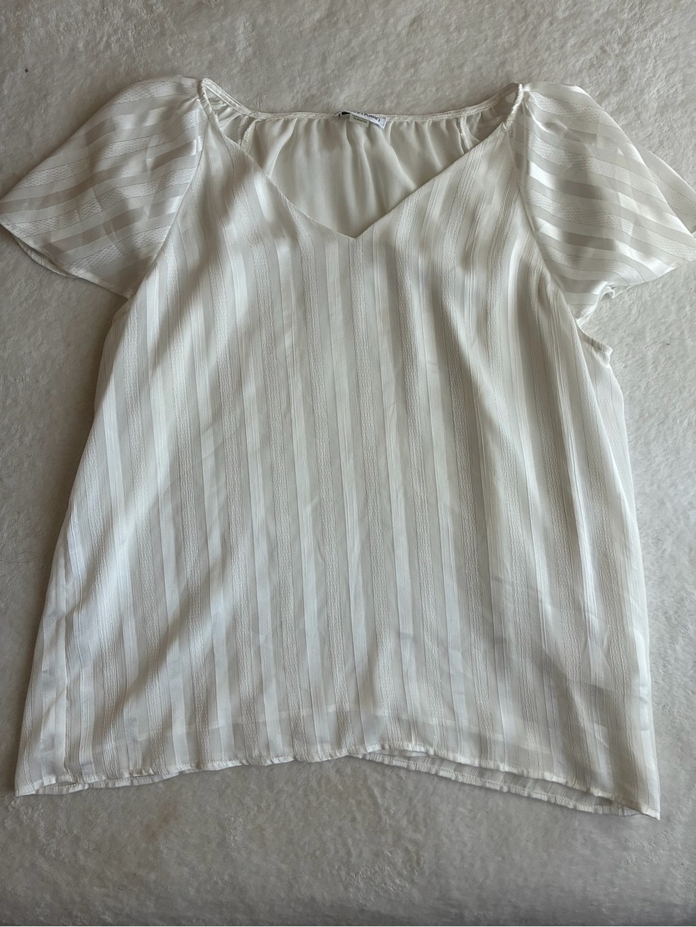 Calvin Klein White Cream Sheer Vertical-Stripe V-Neck Blouse